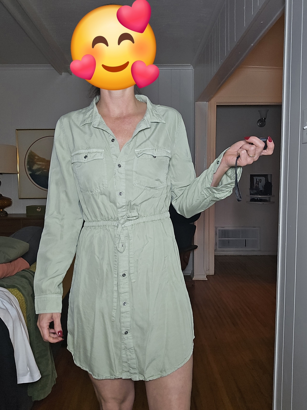 LOVE TREE-Light Sage Utility Shirt Dress with Tie Waist
